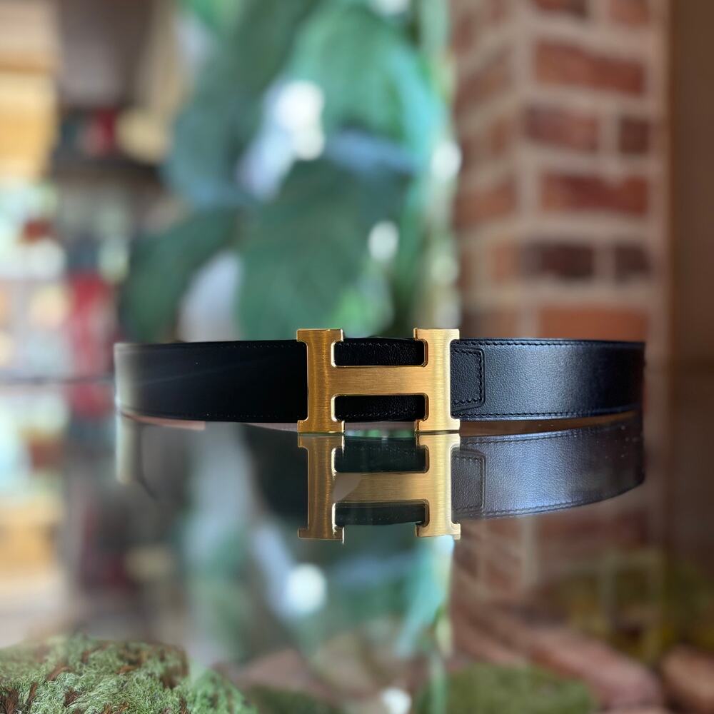 HERMES Black Brown Reversible Gold H Buckle Belt SZ80(6US)